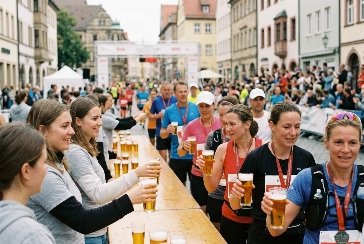 Volunteers hand glasses of alcohol-free beer to marathon runners wearing medals
