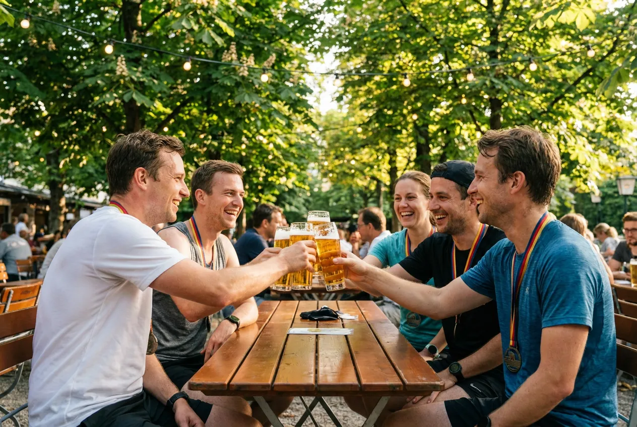 Friends with finisher medals on black, red and gold ribbons clink beer glasses in a beer garden