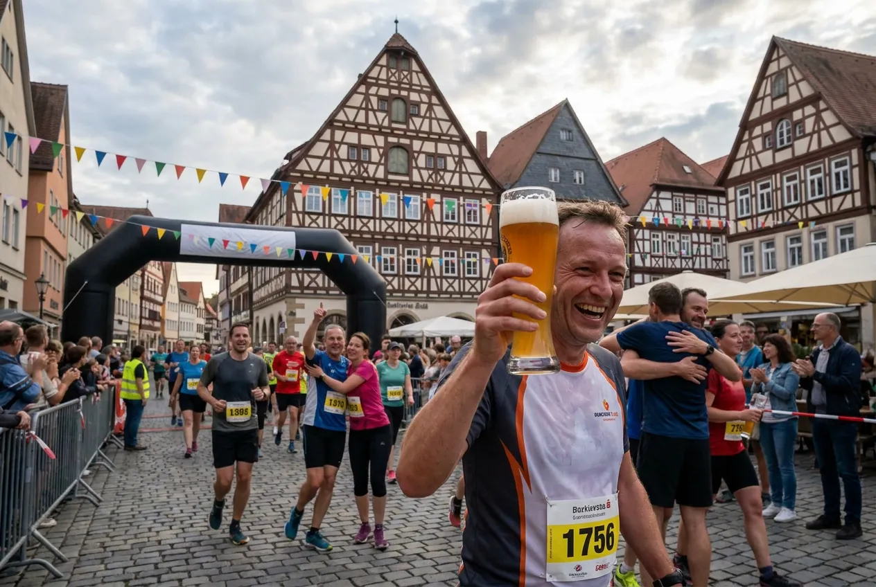 A laughing runner lifts a tall glass of beer in a crowded old-town square after a race