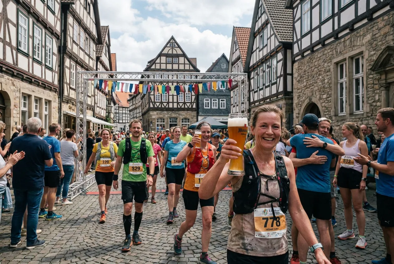 A smiling runner raises a glass of wheat beer at the finish of a fun run in a German old town
