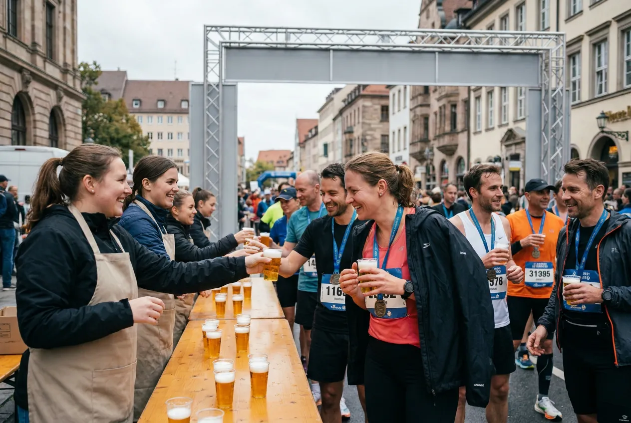 Volunteers in aprons serve beer across a long table to runners after a city race