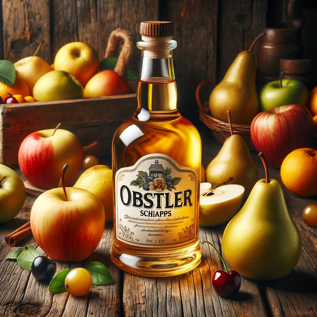 Clear glass bottle filled with a golden-colored fruit brandy, elegantly labeled and surrounded by an assortment of fresh fruits such as apples, pears, and cherries.