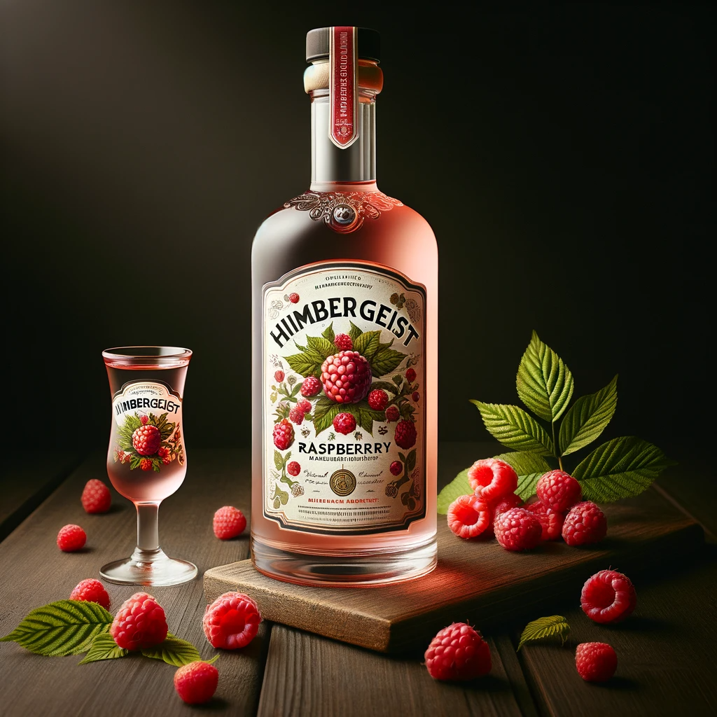 Bottle of Himbeergeist with a clear liquid and an artistic label featuring raspberries. Beside the bottle are fresh raspberries and raspberry leaves.