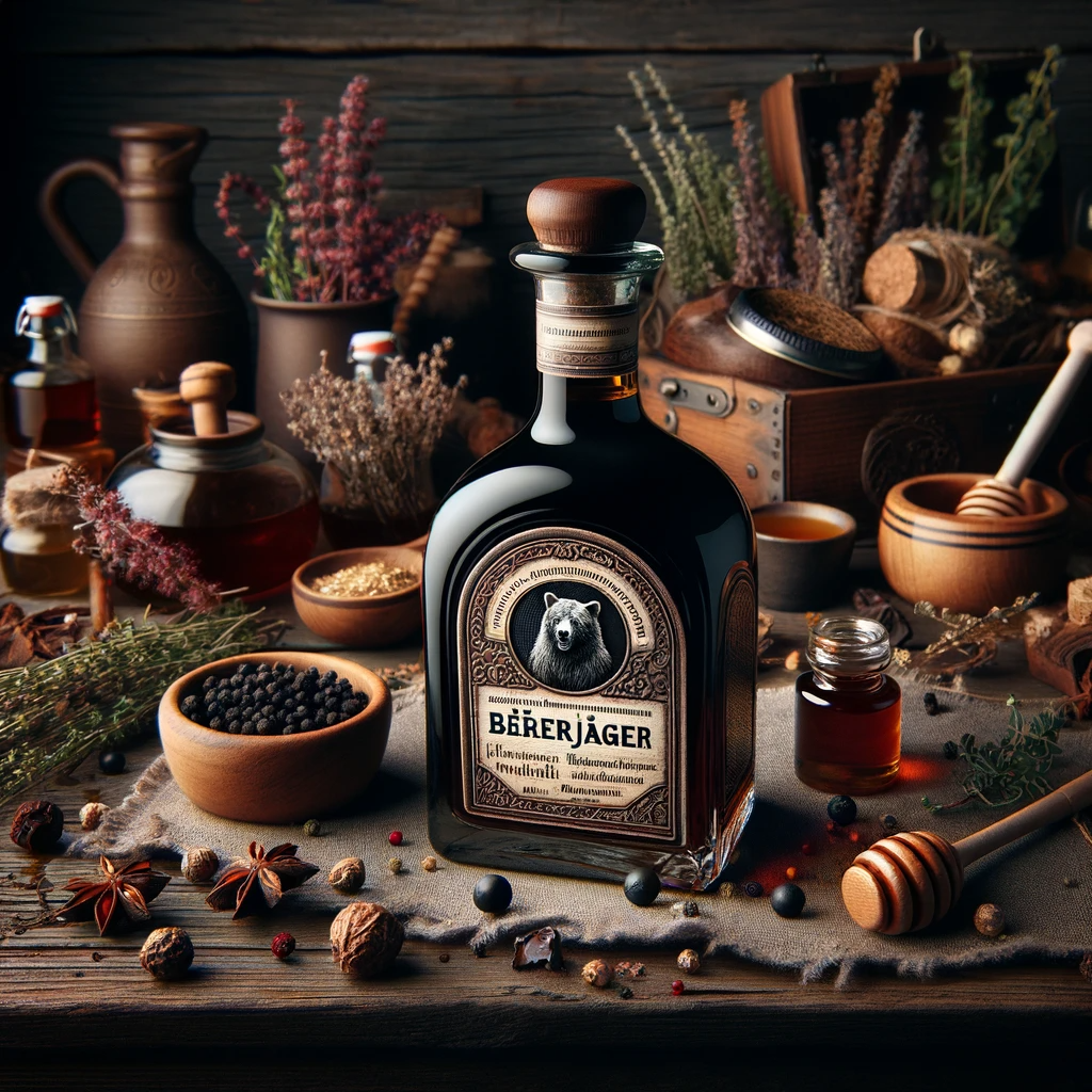 Bottle of herbal schnapps, made of dark glass with a sophisticated label. The bottle is displayed on a wooden table surrounded by various herbs and spices, like honey and juniper berries.