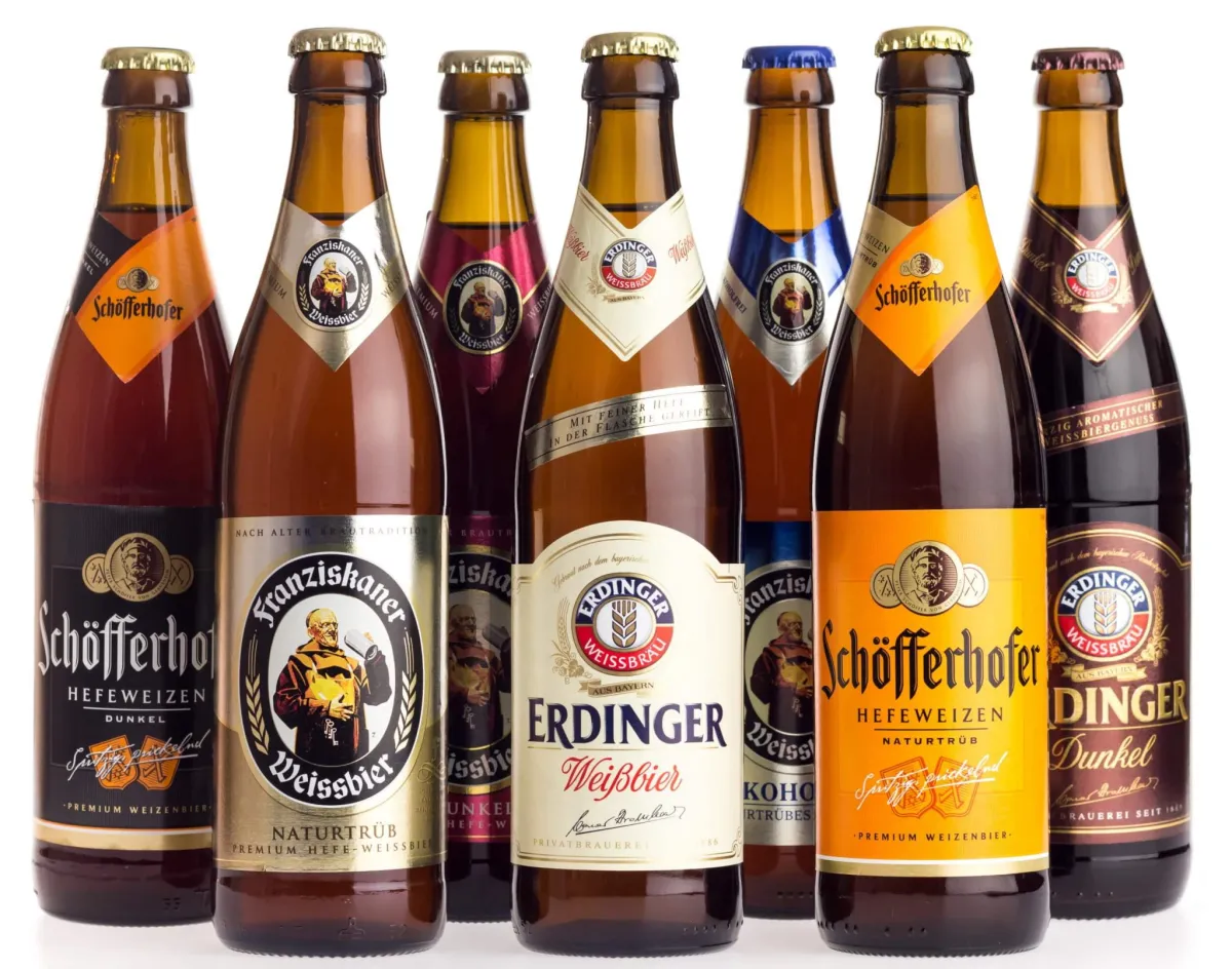 Bottles of Schöfferhofer, Franziskaner and Erdinger German wheat beer
