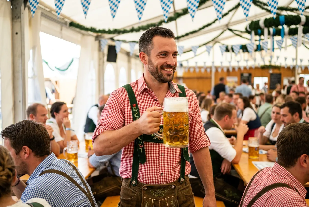 A smiling man in a red-and-white checked shirt and green braces raises a one-litre beer glass in a busy beer tent