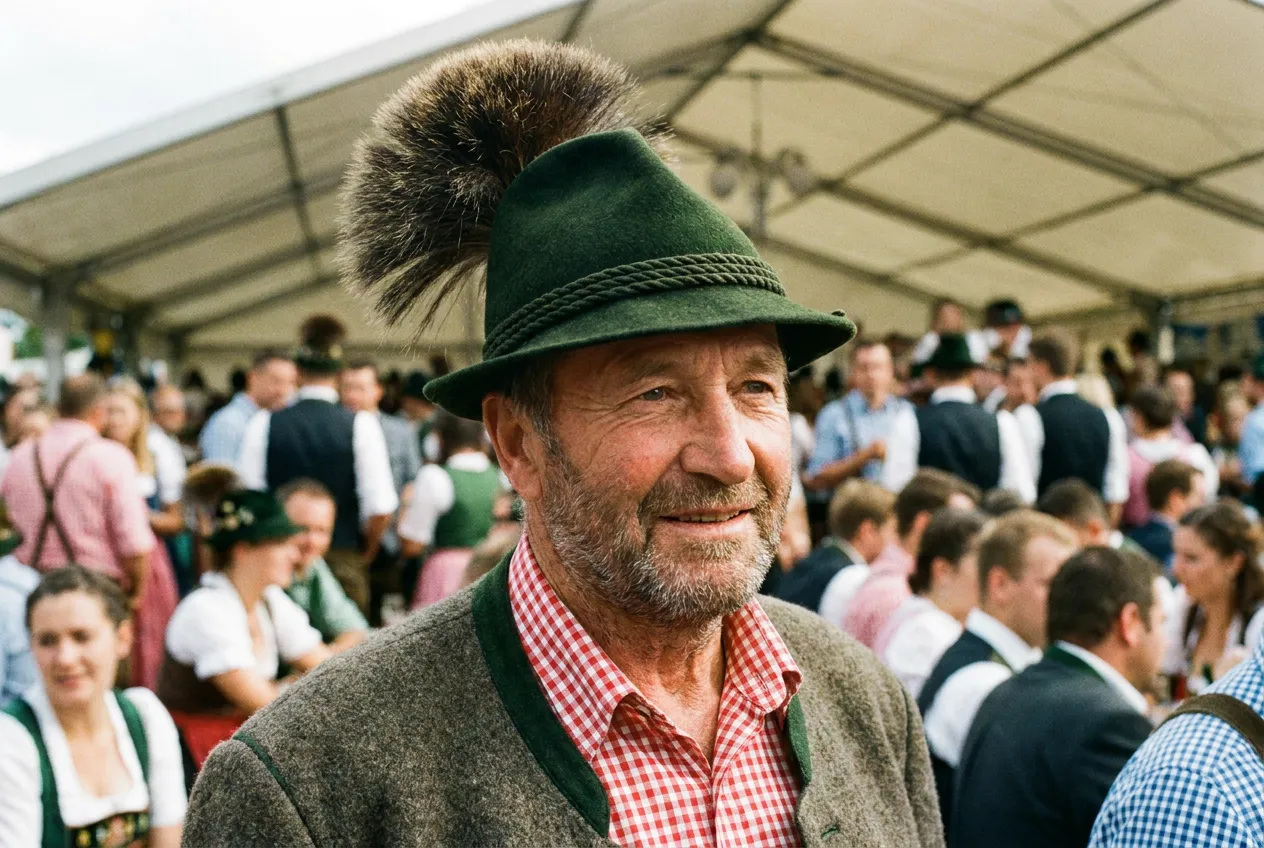 An older man wearing a green felt Alpine hat with a large Gamsbart tuft in a crowded festival tent