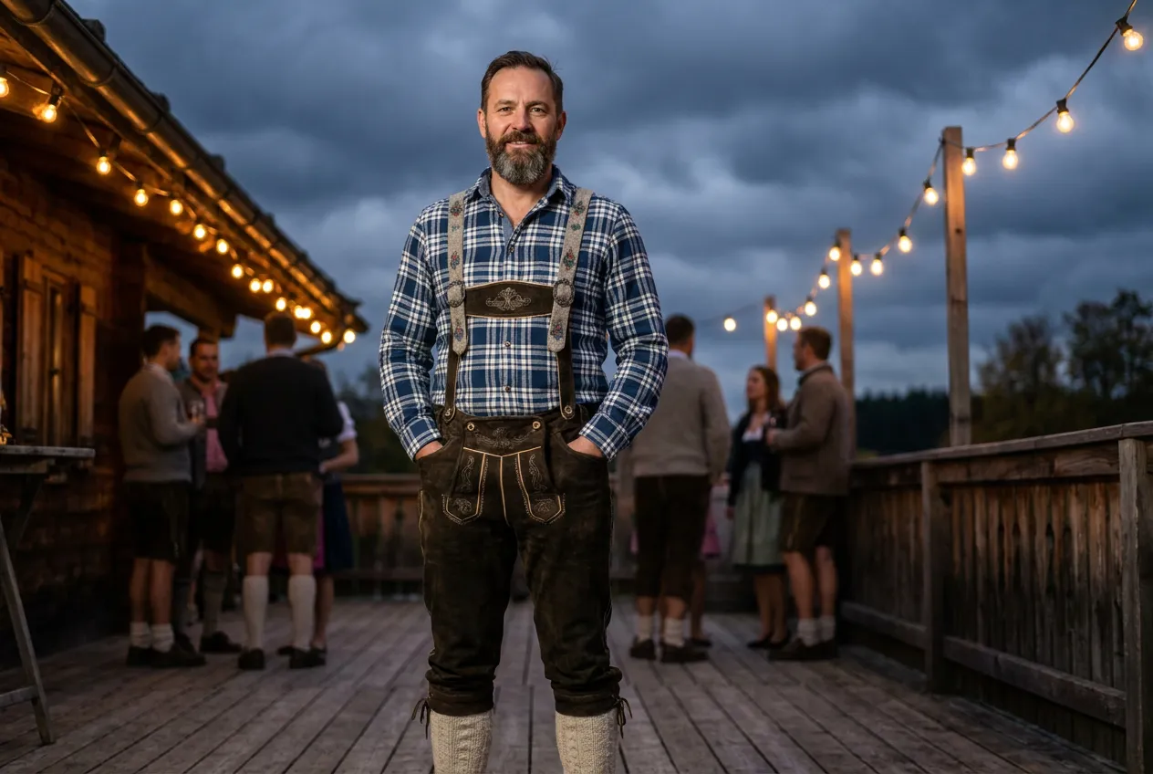 A man in knee-length Kniebundhose lederhosen, cream wool socks and a blue checked shirt on a wooden terrace at dusk