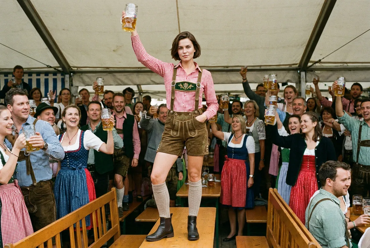 A woman in short suede lederhosen and a red checked blouse stands on a beer-tent bench raising a beer stein
