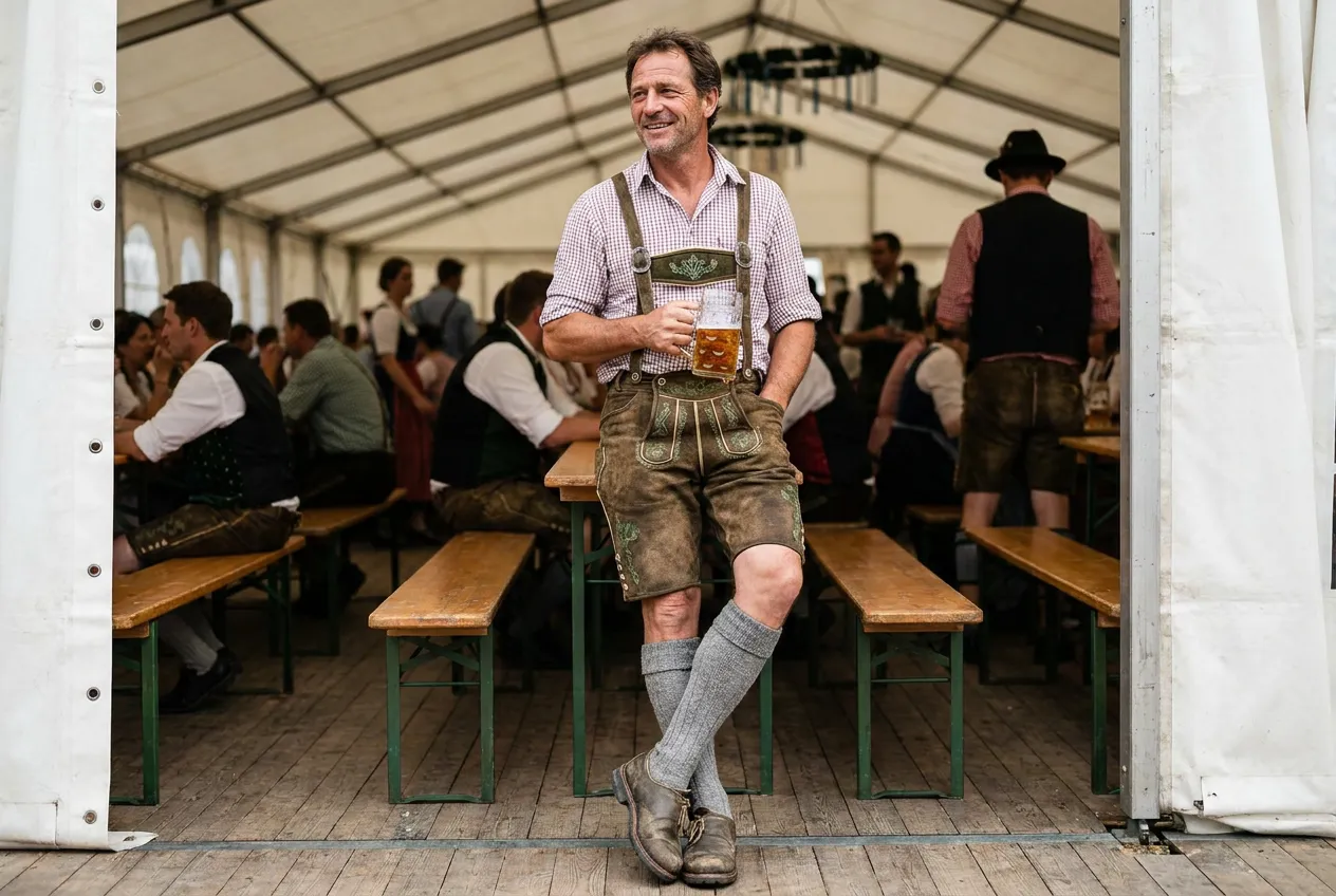 A man in short brown suede lederhosen with embroidered H-braces and a checked shirt leans on a beer-tent table