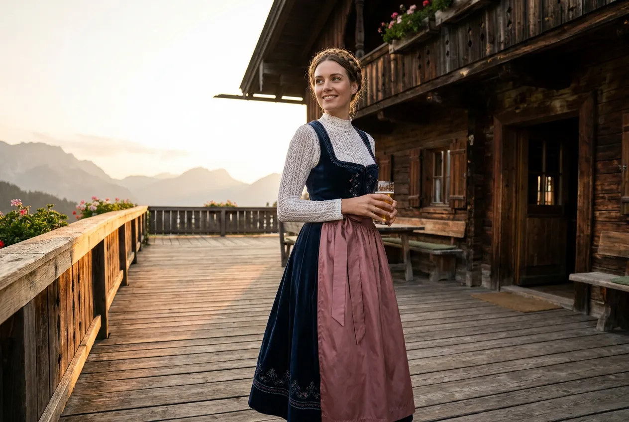 A woman in a floor-length navy dirndl with a lace blouse and rose apron on the terrace of an Alpine lodge at golden hour