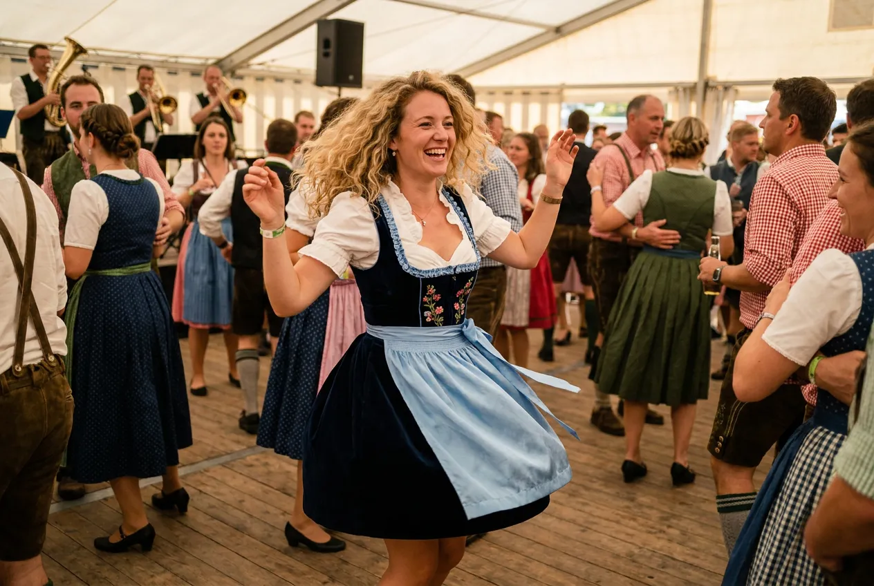 A laughing woman in a navy mini dirndl with a light blue apron dances in a crowded festival tent