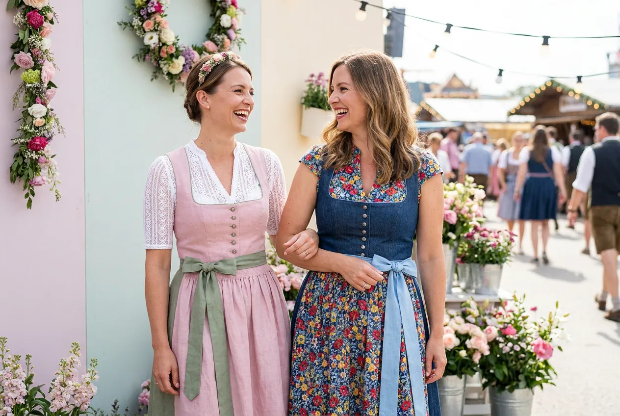 Two friends in modern dirndls, one pastel pink with a sage apron and one floral with a denim bodice, laughing by a flower wall