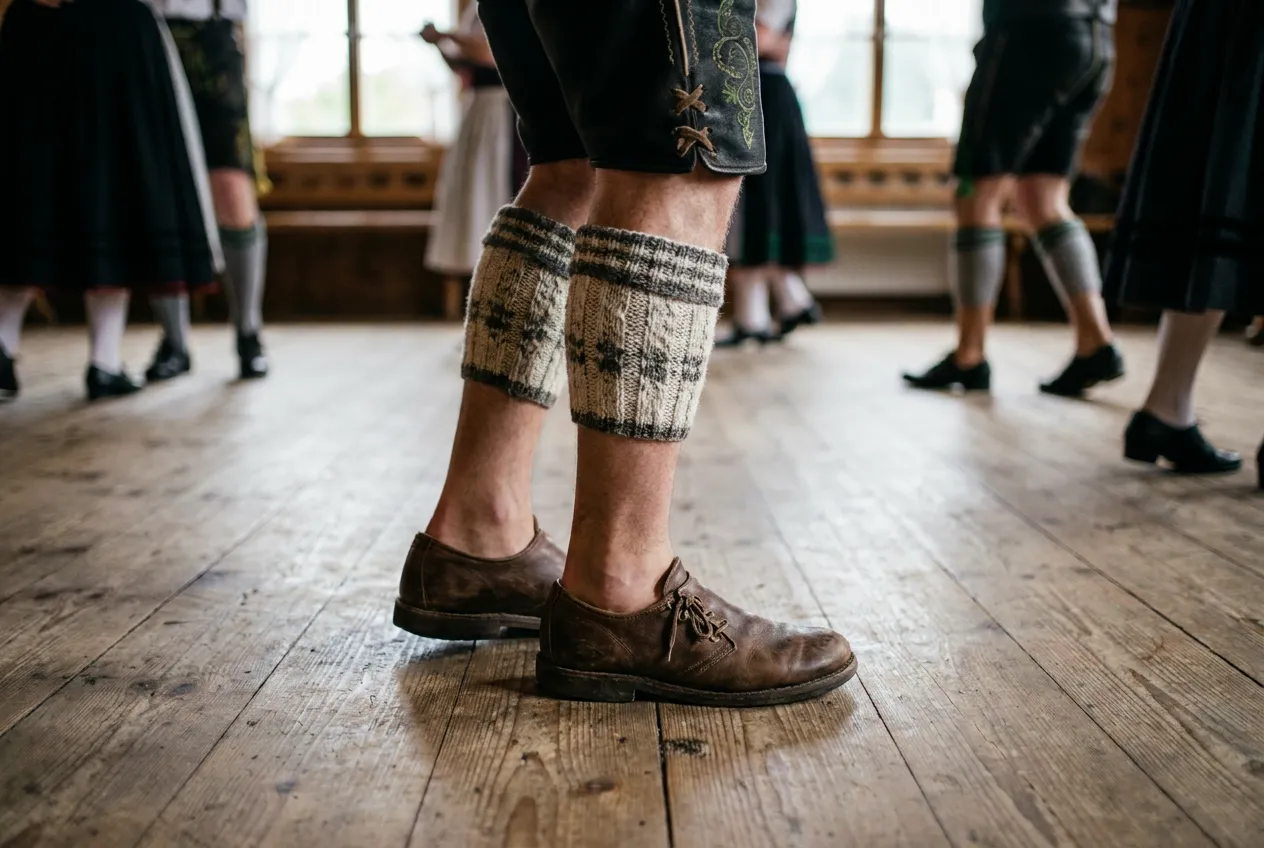 Close-up of brown leather Haferl shoes and knitted Loferl calf warmers with bare ankles on a wooden dance floor