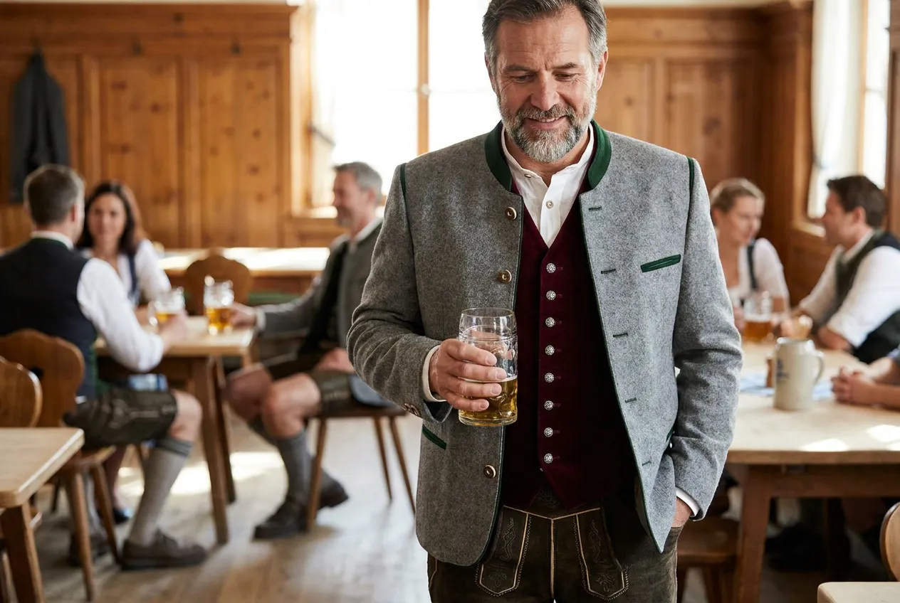 A man in a grey Janker jacket with green trim over a burgundy velvet waistcoat, holding a beer in a wood-panelled beer hall